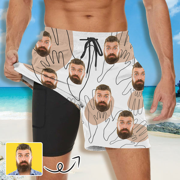#Father's Day Gift#Personalized Face Men's Quick Dry 2 in 1 Swim Shorts Surfing & Beach Shorts Father Hand