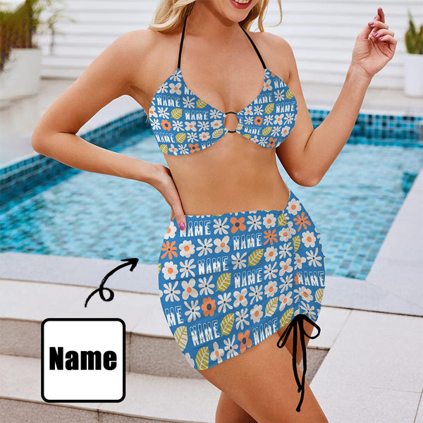 Personalized Name Women Swimsuit Custom Women's Drawstring Halterneck Three-PieceSwimsuit Skirt With Text