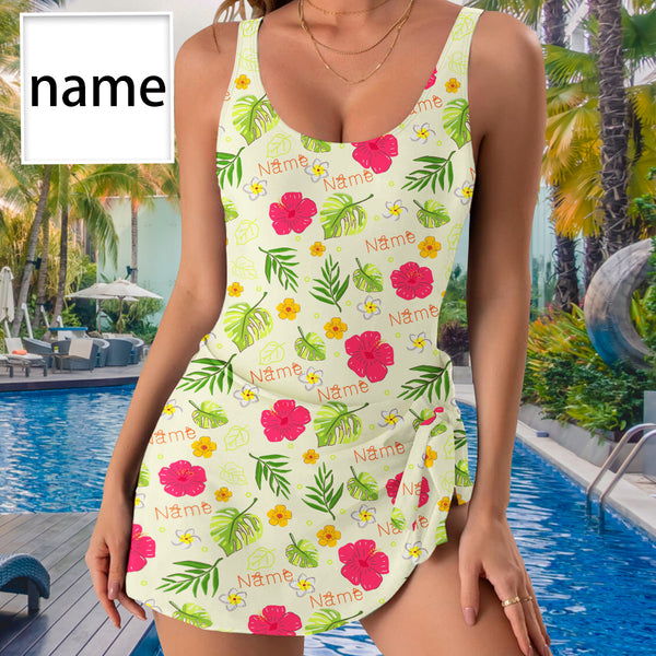 Custom Name On Tank Top One Piece Swimsuit Personalized Name Light Green Leaves One Piece Bathing Suit