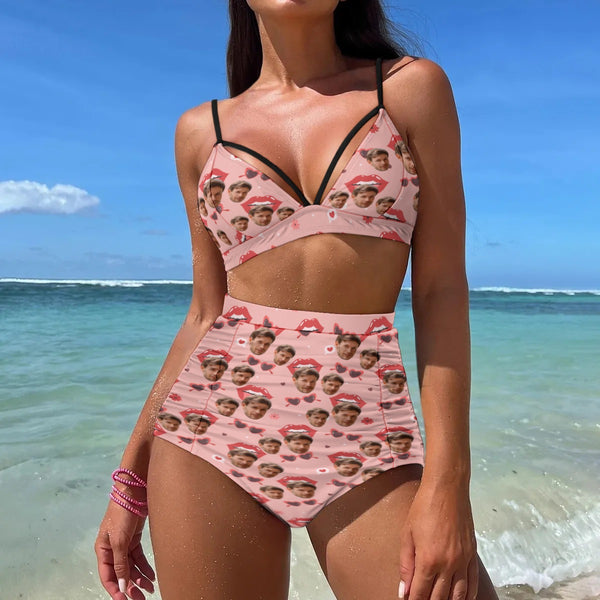 Custom Face Bikini Personalized Face Pink Lips Bikini Swimsuit Bathingsuit For Women