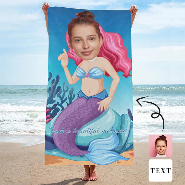 Custom Face&Text Mermaid Princess Beach Towel Quick-Dry Sand-Free  Beach&Bath Towel