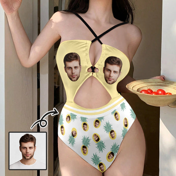 Personalized Face Women's Cutout One Piece Swimsuit Custom Face Yellow Pineapple Cross Strap Backless Bathingsuit