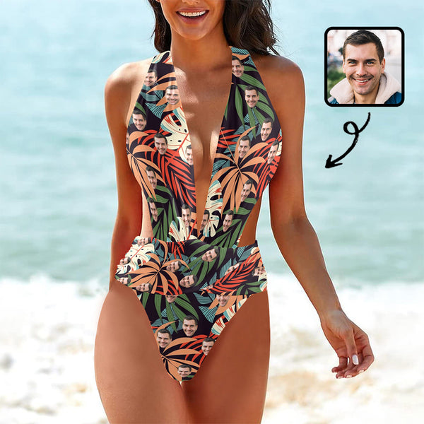 Custom Face Swimsuit Personalized Face Tropical Plants Women's Deep V-Neck Back Crossover One Piece Swimsuit