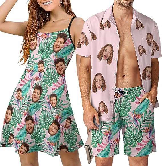 Custom Face Women Dress and Men Outfit For Couples Personalized Face Couple Matching Shirt Shorts And Dress