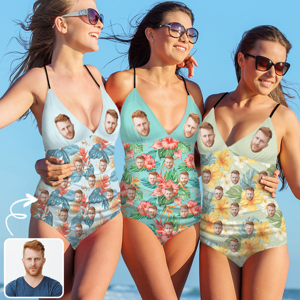 Custom Face One Piece Swimsuit Personalized Face Three Styles Women's V-Neck One Piece Swimsuit Bathingsuit