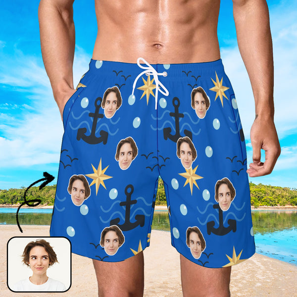 Custom Blue Face Swim Shorts Swim Trunks For Men Personalized Face On Blue Swim Shorts