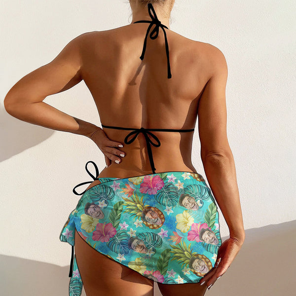 Custom Bikini Set&Beach Wrap Personalized Face Pineapple Green Triangle Bikini Set&Bikini Cover Up