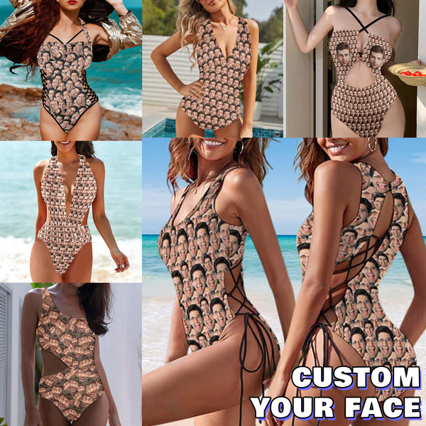 Custom Seamless MultifaceFace All Women's Lace Up Back Swimwear One Piece Swimsuit