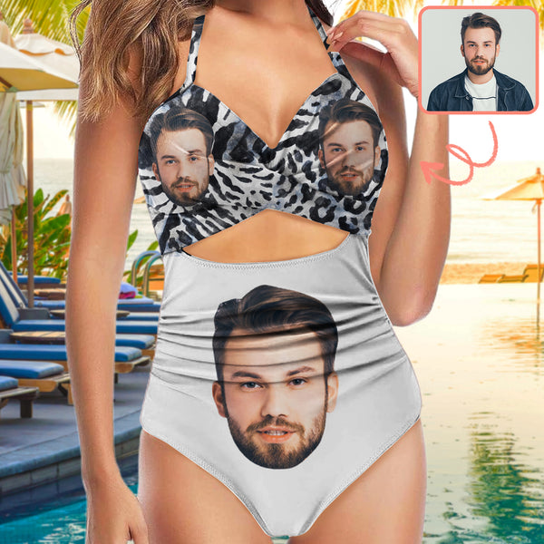 Custom Face One Piece Swimsuit Personalized Face Black&White One Piece Bathingsuit For Women