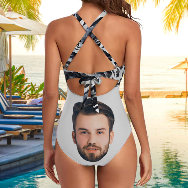 Custom Face One Piece Swimsuit Personalized Face Black&White One Piece Bathingsuit For Women
