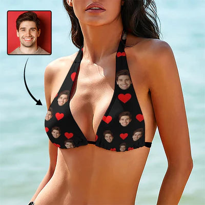 Personalized Face Bikini Top&Bottom Swimsuit Custom Face Red Heart Black Bikini