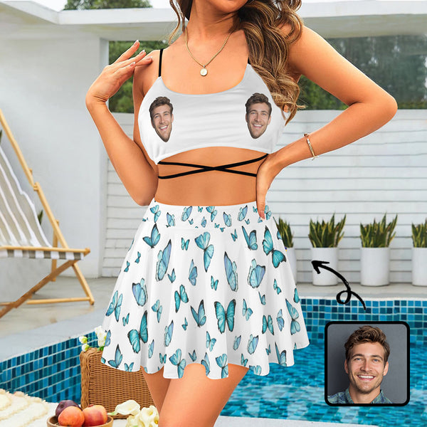 Personalized Face Swimsuit Custom Face Butterfly White Background Women's String Three-Piece Bikini Swimsuit Skirt