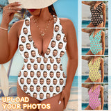Personalized Face Deep V Neck One Piece Swimsuit Custom Different Colors Little Face Individualized Women's Cross-back One Piece Bthingsuit