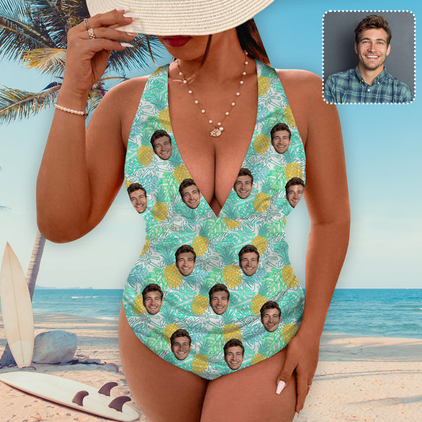 Personalized Face Deep V Neck One Piece Swimsuit Custom Face Pineapple Individualized Women's Cross-back One Piece Bthingsuit