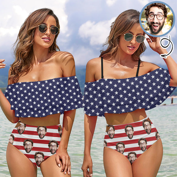 Custom Face Stars Red Stripe Women's Two-Piece Off Shoulder or Sling 2 Ways to Wear Ruffle Bikini Set