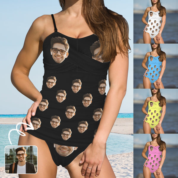 Custom Two Piece Tankini Swimsuit Personalized Face Different Colors Background Women's Wrap Tankini Swimsuit Bathingsuit
