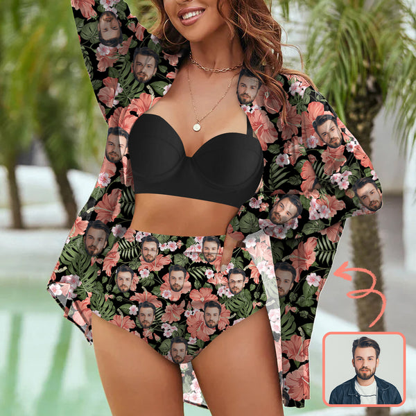 Custom Face Bikini Set&Shirt Cover Up Personalized Face Plants Flower Swimsuit Bikini For Women