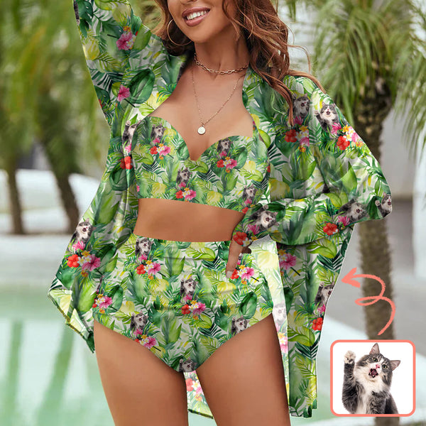Custom Photo Bikini Set&Shirt Cover Up Personalized Photo Green Leaves Swimsuit Bikini For Women
