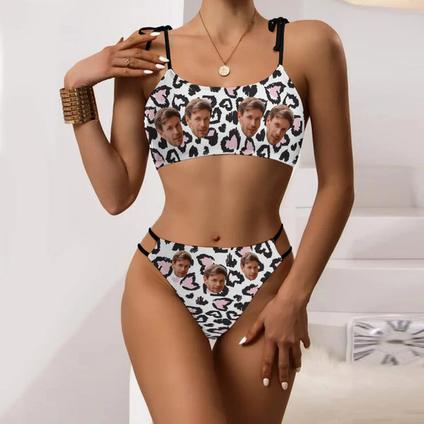 Custom Face Swimsuit Personalized Black White Leopard Print Face Bikini Swimsuit