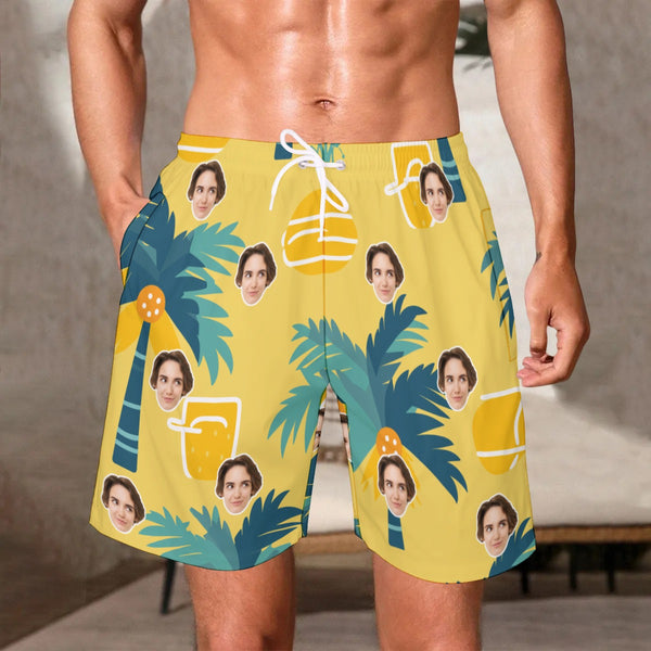Custom Face Yellow Swim Shorts Swim Trunks For Men Personalized Face On Swim Shorts
