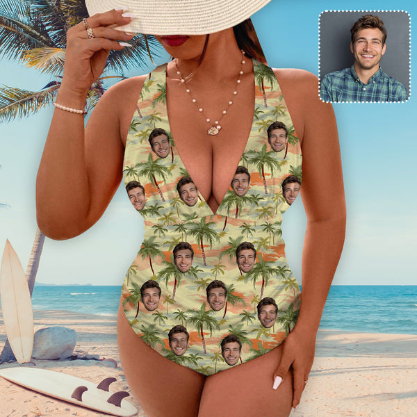 Personalized Face Deep V Neck One Piece Swimsuit Custom Face Coconut Tree Individualized Women's Cross-back One Piece Bthingsuit