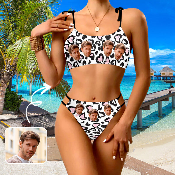 Custom Face Swimsuit Personalized Black White Leopard Print Face Bikini Swimsuit