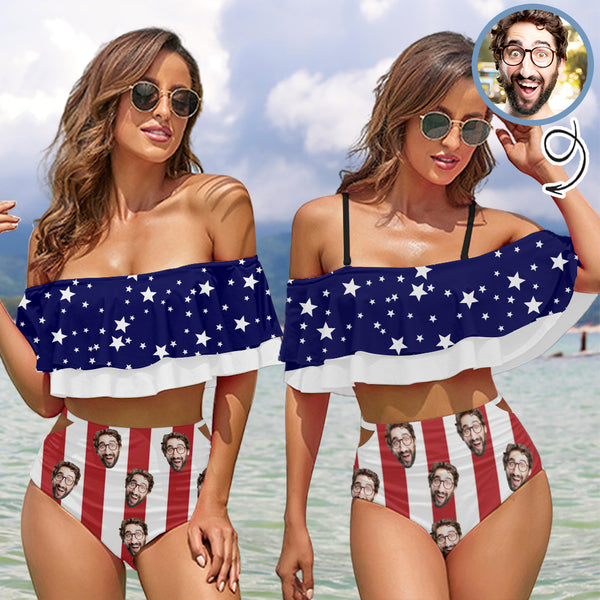 Off Shoulder Bikini-Custom Face Stars Stripe Women's Two-Piece Off Shoulder or Sling 2 Ways to Wear Ruffle Bikini Set