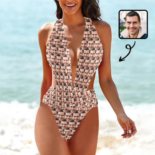 Custom Multi-Face Swimsuit Personalized Multi-Face Women's Deep V-Neck Back Crossover One Piece Swimsuit