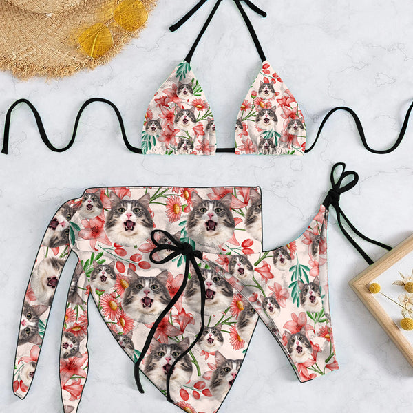 Custom Bikini Set&Beach Wrap Personalized Face Watercolor Pink Flower Triangle Bikini Set&Bikini Cover Up