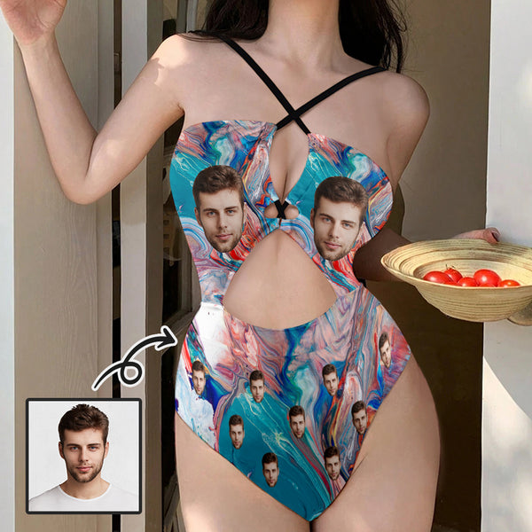 Personalized Face Women's Cutout One Piece Swimsuit Custom Face Blue Red Pigment Smudge Cross Strap Backless Bathingsuit