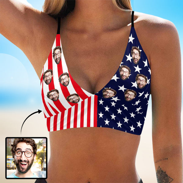 Custom Face USA Flag Bikini Top&Bottom Personalized Face Flag Bikini