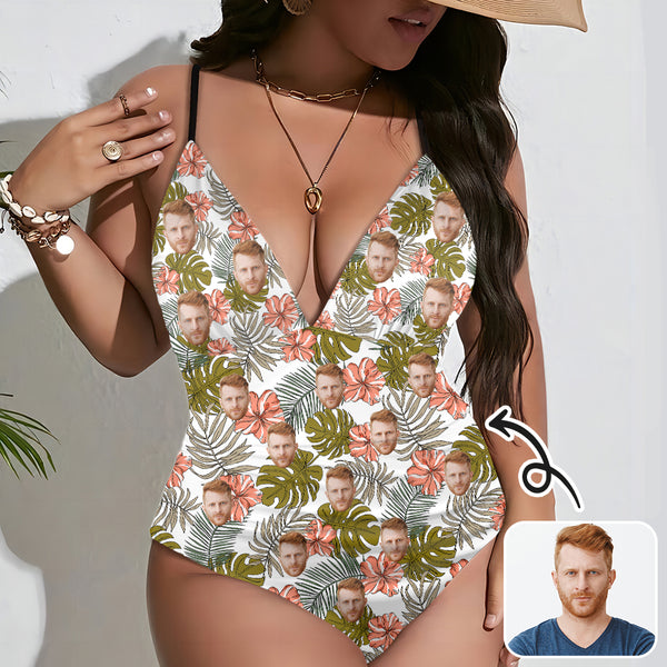 Custom Face One Piece Swimsuit Personalized Face Tropical Flowers&Leaves Women's V-Neck One Piece Swimsuit Bathingsuit
