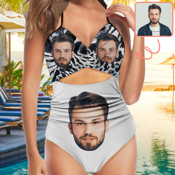 Custom Face Backless Swimsuit Personalized Face Black&White Women's Front Cutout One Piece Swimsuit