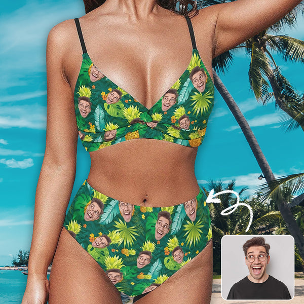 Custom Face Suspender Bikini Personalized Face Pineapple Green Leaves Swimsuit Women's Bathingsuit Bikini
