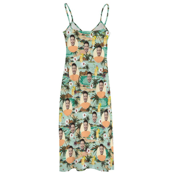 Custom Face Slip Beach Dress Sleeveless Summer Dress Personalized Women's Face Tropical Flowers Long Slip Dress