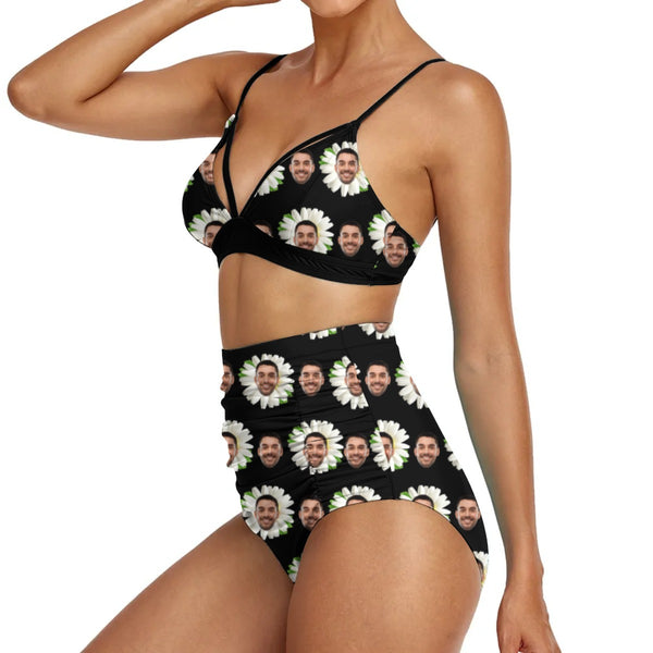 Custom Face Bikini Personalized Face Daisy Flower Black Bikini Swimsuit Bathingsuit For Women