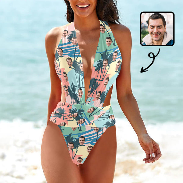 Custom Face Swimsuit Personalized Husband Face Tropical Plants Women's Deep V-Neck Back Crossover One Piece Swimsuit