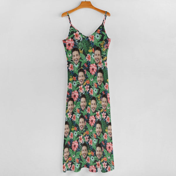 Custom Face Slip Dress Sleeveless Summer Dress Personalized Women's Face Tropical Flowers Long Slip Dress
