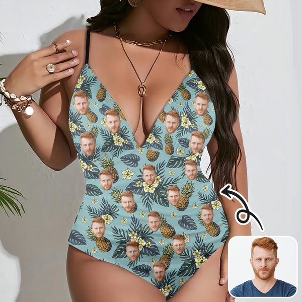 Custom Face One Piece Swimsuit Personalized Face Pineapple Women's V-Neck One Piece Swimsuit Bathingsuit
