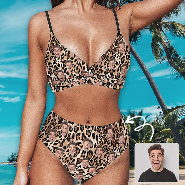 Custom Face Suspender Bikini Personalized Face Leopard Print Swimsuit Women's Bathingsuit Bikini