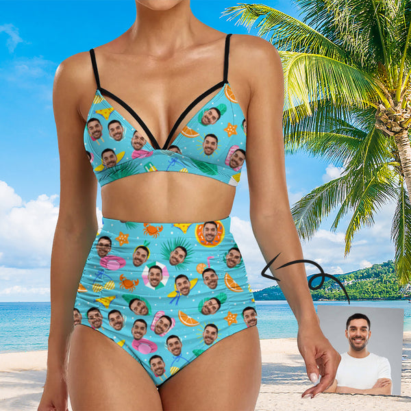 Custom Face Bikini Personalized Face Blue Triangle Bikini Swimsuit Bathingsuit For Women
