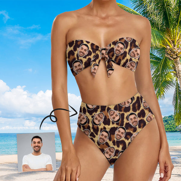 Custom Face Bow Bikini Personalized Face Leopard Print Bikini Swimsuit Bathingsuit For Women