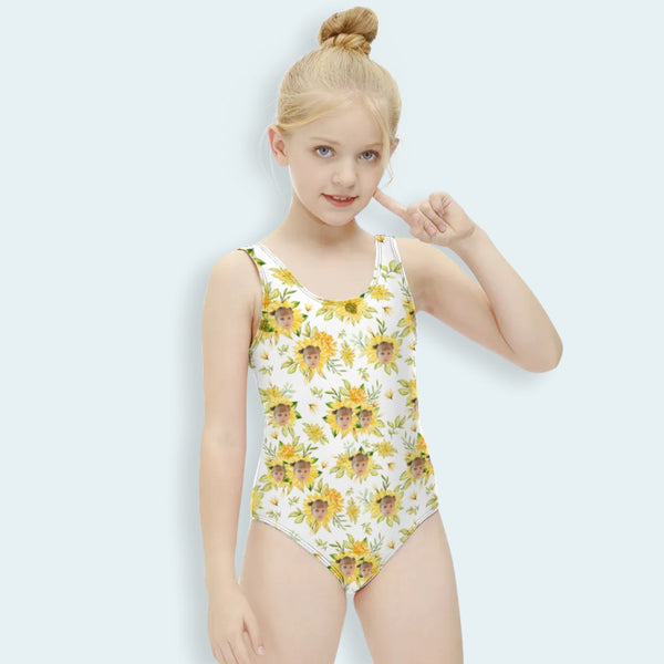 Custom Face Kid's Swimsuit Personalized Face Sunflower One Piece Swimsuit Girl's Swimwear