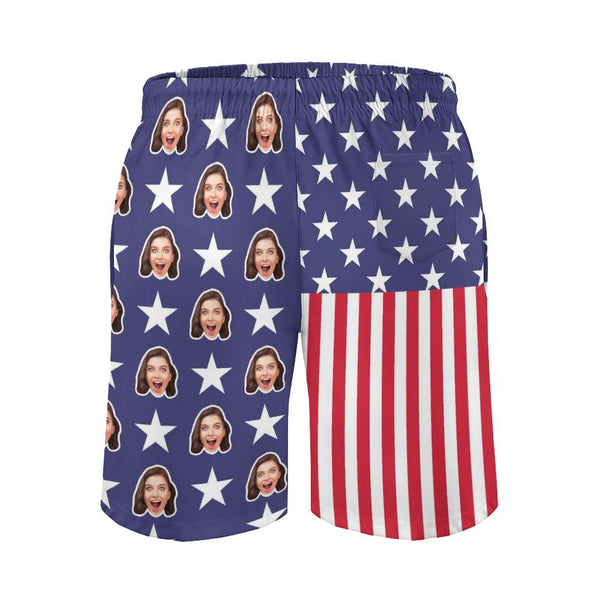 Custom Face American Flag Pentagram Men's Quick-drying Beach Shorts Personalized Photo Swim Trunks