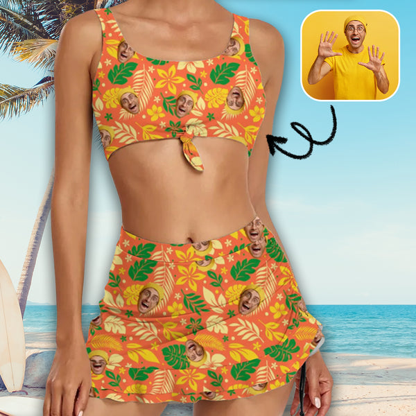 Custom Boyfriend Face Bikini Personalized Flower and Leaves Orange Face Swimsuit For Women