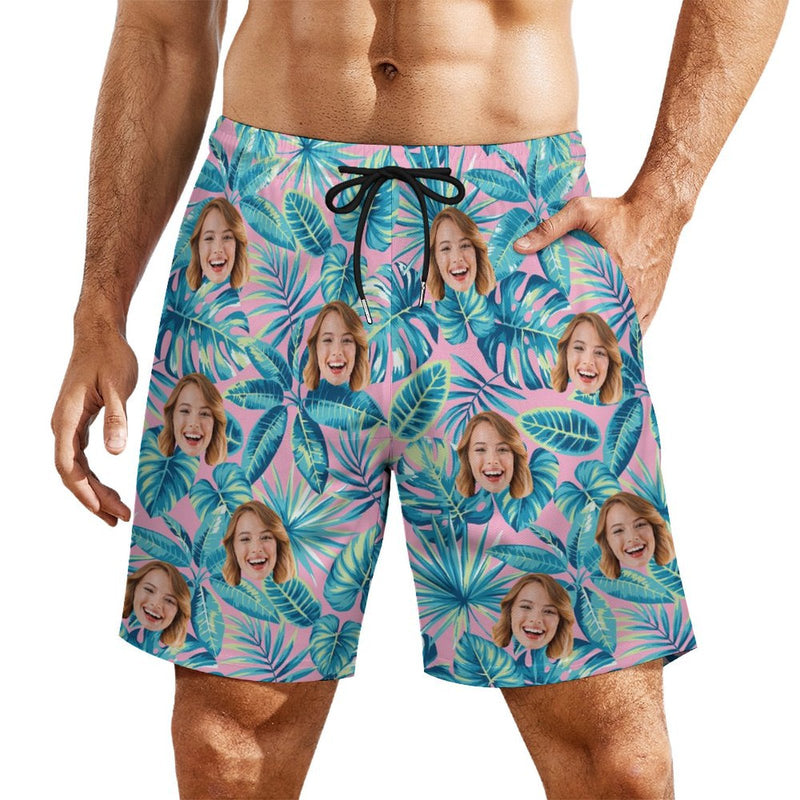 Personalized Face Swim Trunks Custom Face Blue Leaves Pink Background Quick Dry Men's Swim Shorts