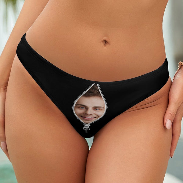 Personalized Women's Bikini Bottom&Beach Wrap Custom Face In Zipper Black Swimsuit Thong T-Back
