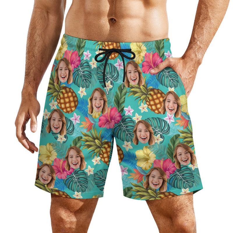 Special Offer#Personalized Face Swim Trunks Custom Face Pineapple Flowers Quick Dry Men's Swim Shorts