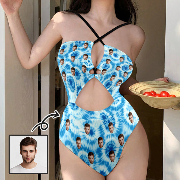 Personalized Face Women's Cutout One Piece Swimsuit Custom Blue&White Circle Cross Strap Backless Bathingsuit