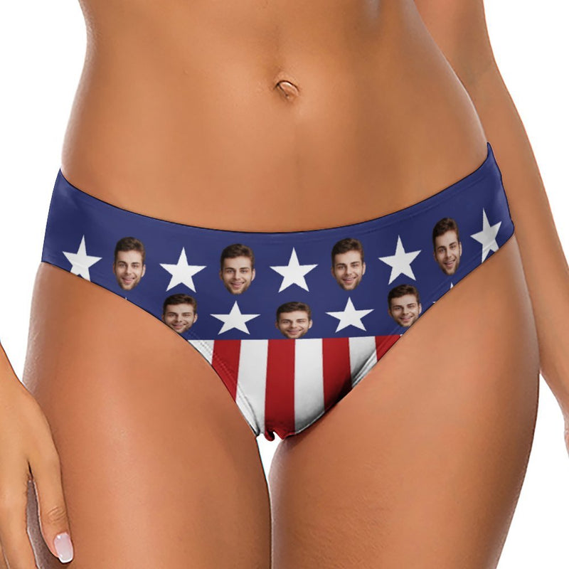 Personalized Women's Bikini Bottom&Beach Wrap Custom Face USA Flag Swimsuit Thong T-Back